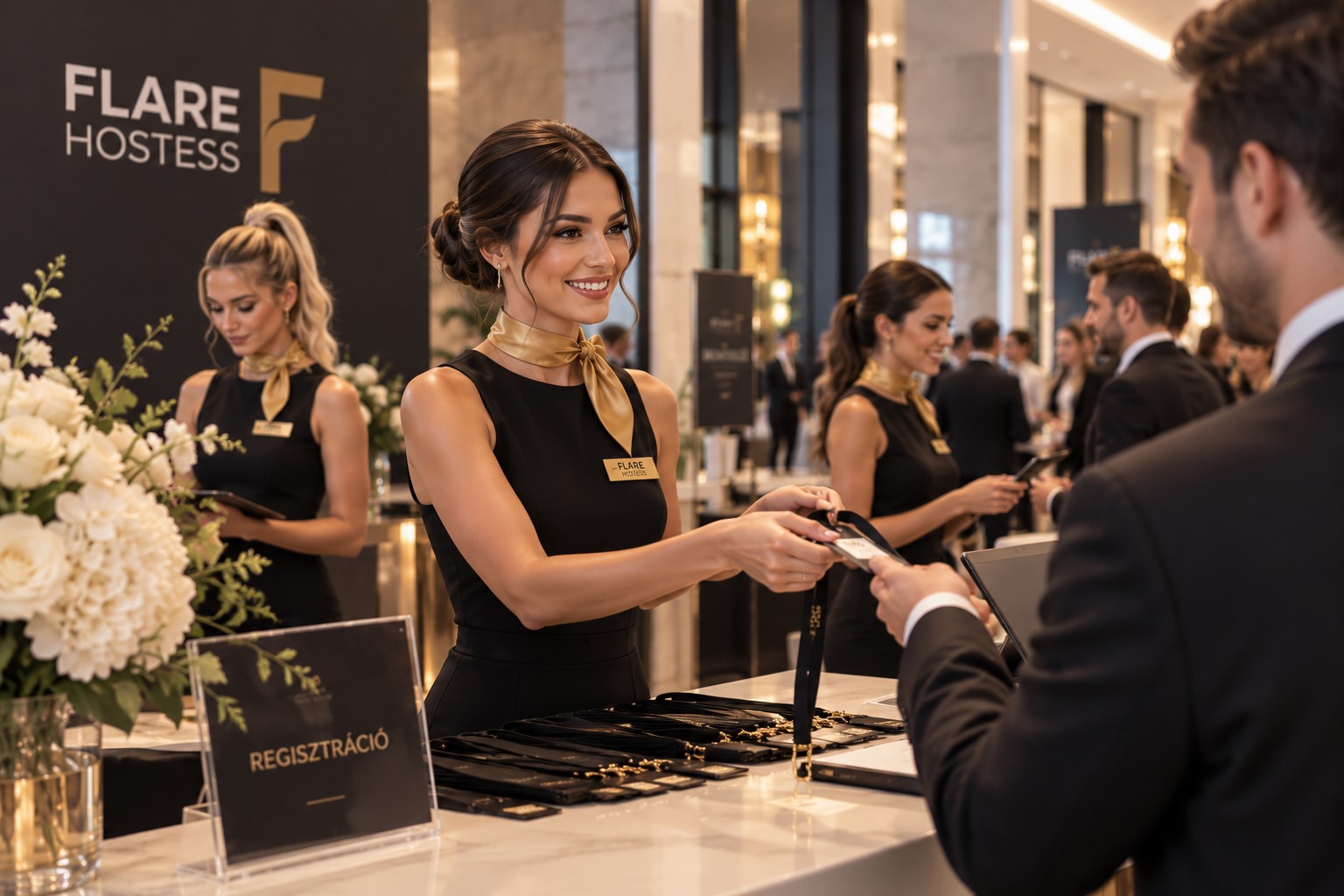 Hostess fogadja a vendégeket egy konferencia regisztrációjánál